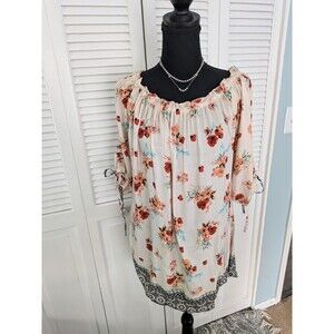 Jorja Top Blouse Women's 1X Cream Rust Boho Peasant Border Hippie Cinched Sleeve